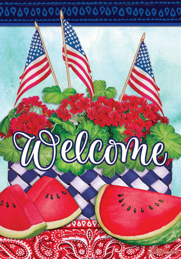 Watermelon and American Flags Welcome House Flag - 28" x 40"