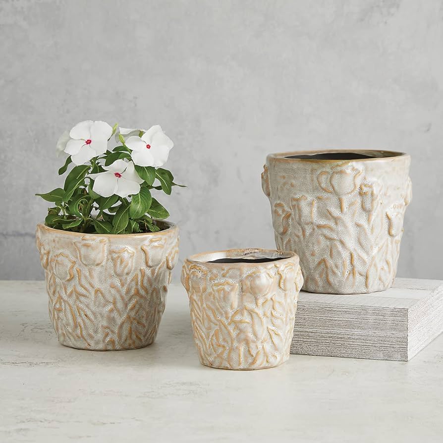 Floral Textured Design White Ceramic Pot - 2 Sizes