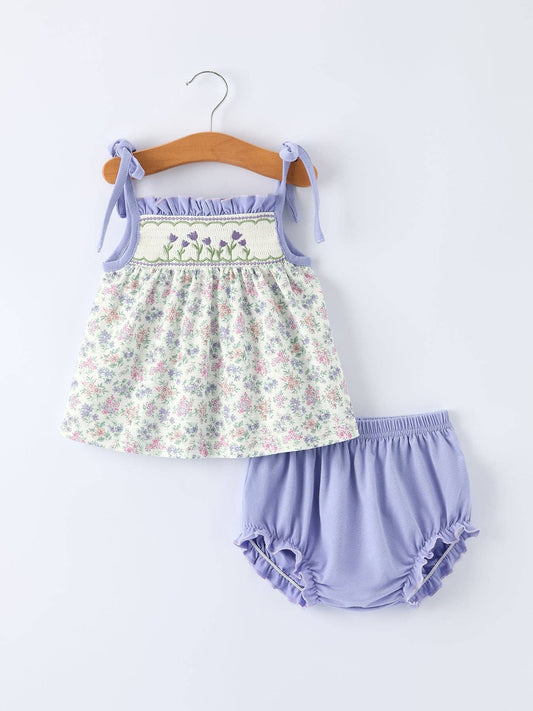 Purple Floral Smocked Embroidery Baby Girls Tank & Bloomers Set