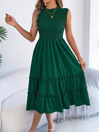 Green Smocked Sleeveless Ruffle Tiered Midi Dress