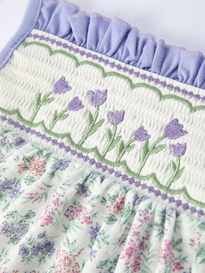 Purple Floral Smocked Embroidery Baby Girls Tank & Bloomers Set