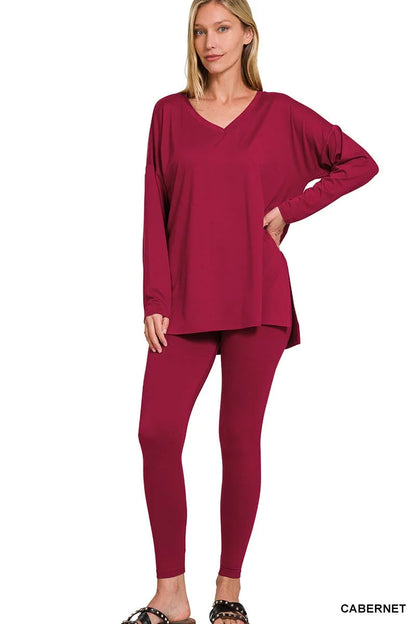 Brushed Microfiber Matching Lounge Set - Long Sleeve V-Neck - Color Options