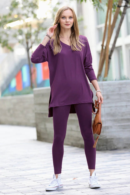 Brushed Microfiber Matching Lounge Set - Long Sleeve V-Neck - Color Options