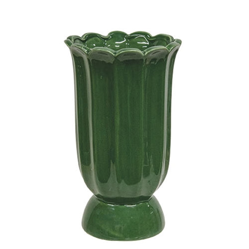 Dark Green Scalloped Ceramic Vase
