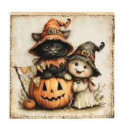Witchy Kitten and Ghost Wooden Block Sitter