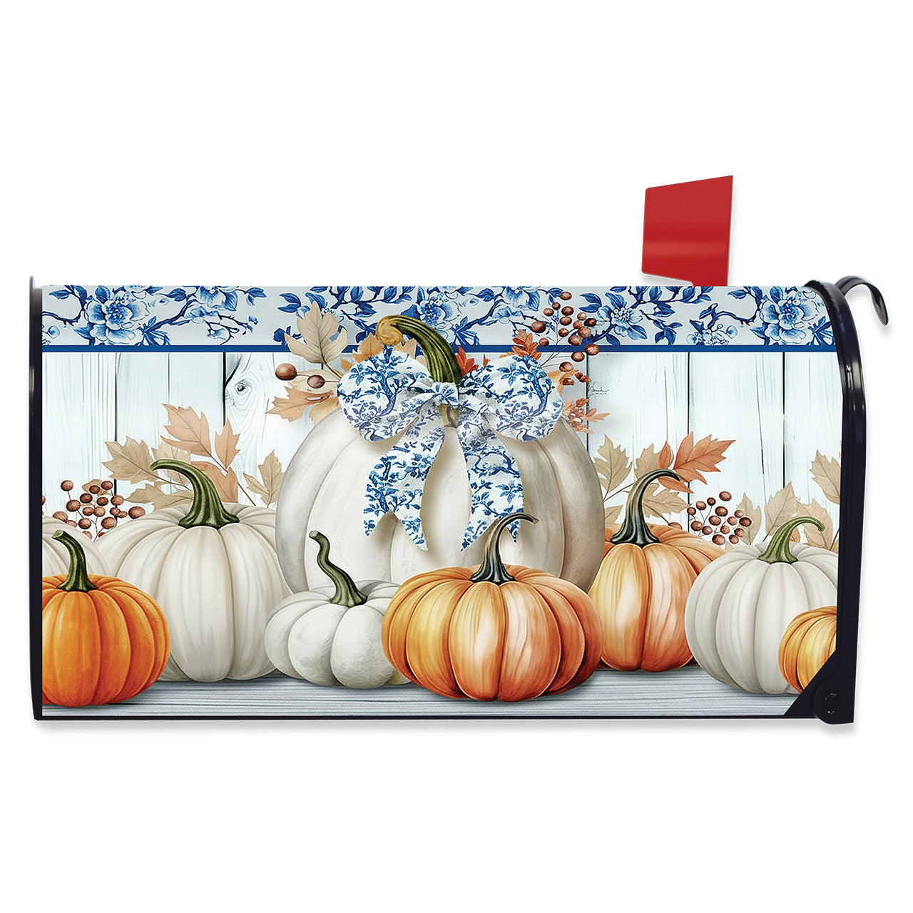 Blue and White Pumpkins Mailbox Cover - Standard Size