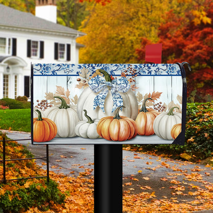 Blue and White Pumpkins Mailbox Cover - Standard Size