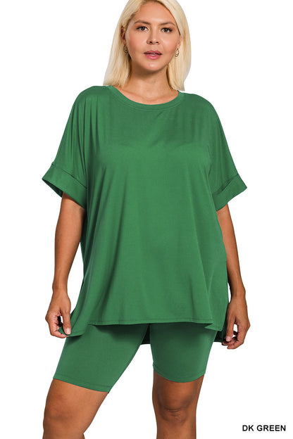 Hi Low Hem Top & Biker Shorts Set - Round Neck
