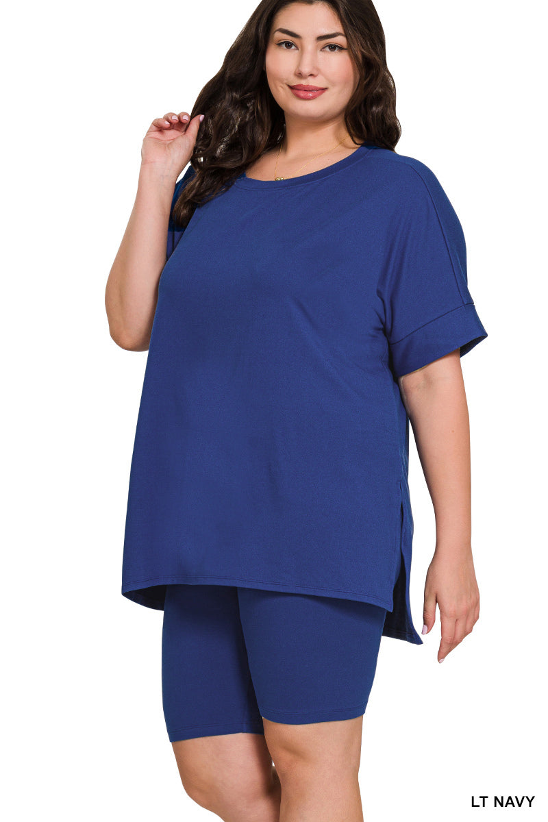 Hi Low Hem Top & Biker Shorts Set - Round Neck