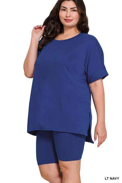 Hi Low Hem Top & Biker Shorts Set - Round Neck