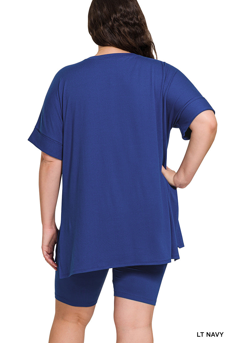 Hi Low Hem Top & Biker Shorts Set - Round Neck