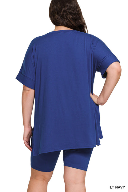 Hi Low Hem Top & Biker Shorts Set - Round Neck