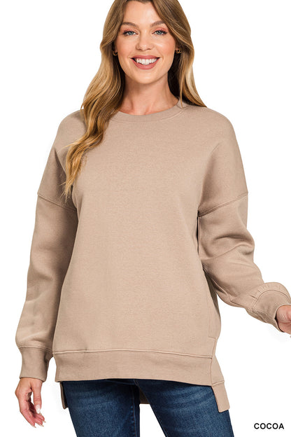 Fleece Hi-Low Hem Pullover Sweatshirt With Pockets