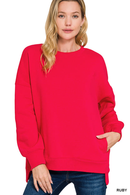 Fleece Hi-Low Hem Pullover Sweatshirt With Pockets