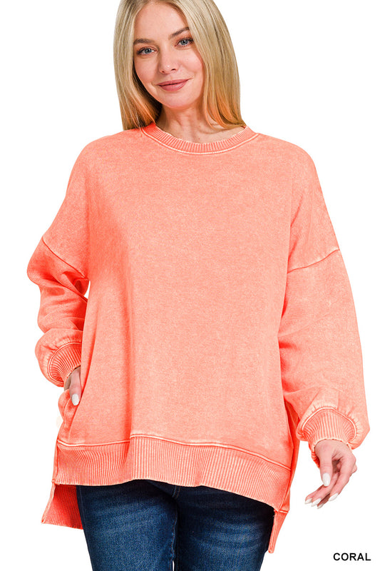 Acid Wash Fleece Hi-Low Hem Pullover With Pockets