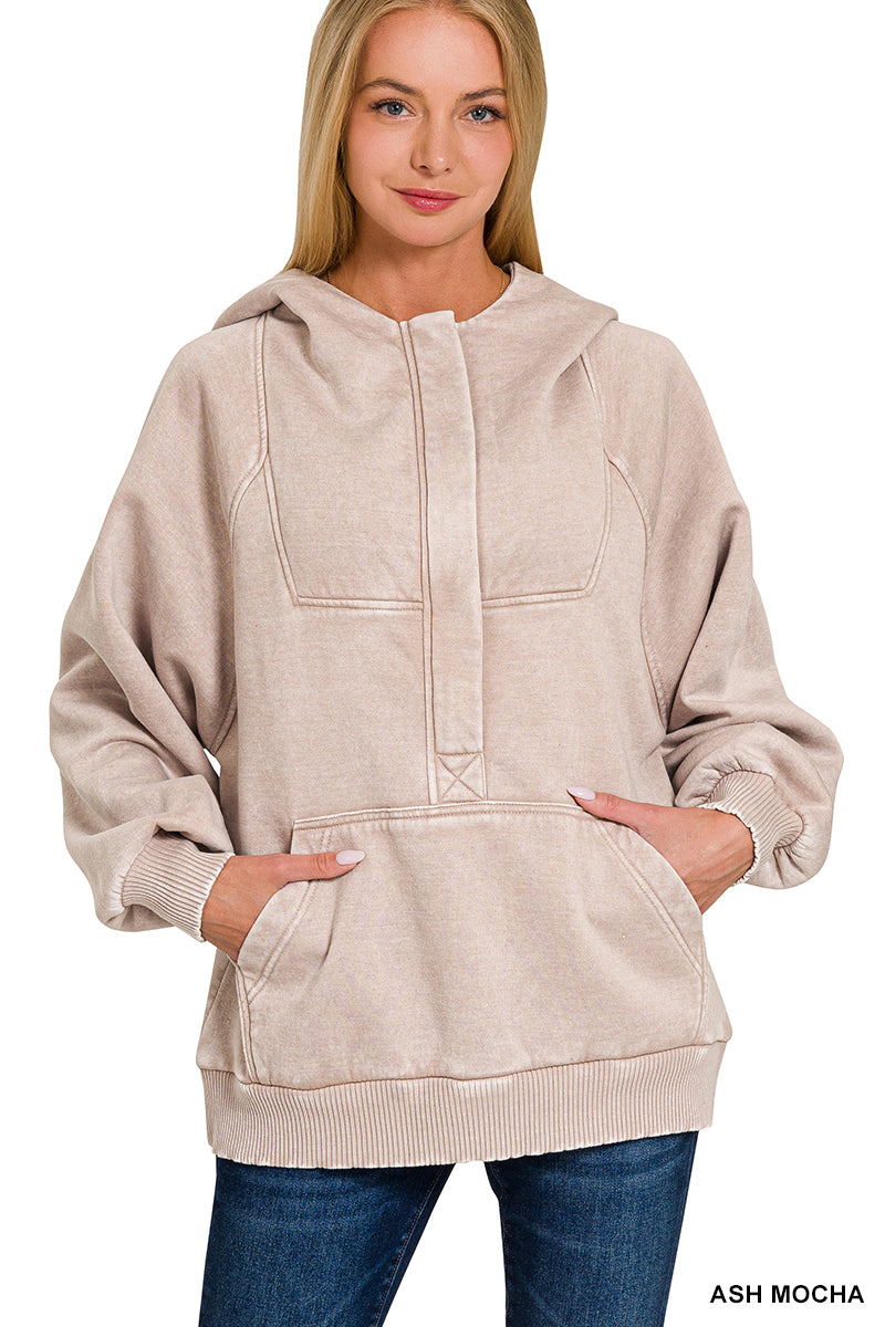 Acid Wash Fleece 1/4 Zip Hoodie Kangaroo Pocket