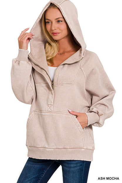 Acid Wash Fleece 1/4 Zip Hoodie Kangaroo Pocket