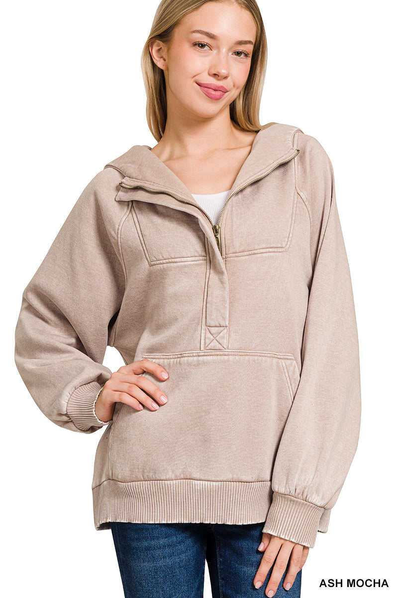 Acid Wash Fleece 1/4 Zip Hoodie Kangaroo Pocket
