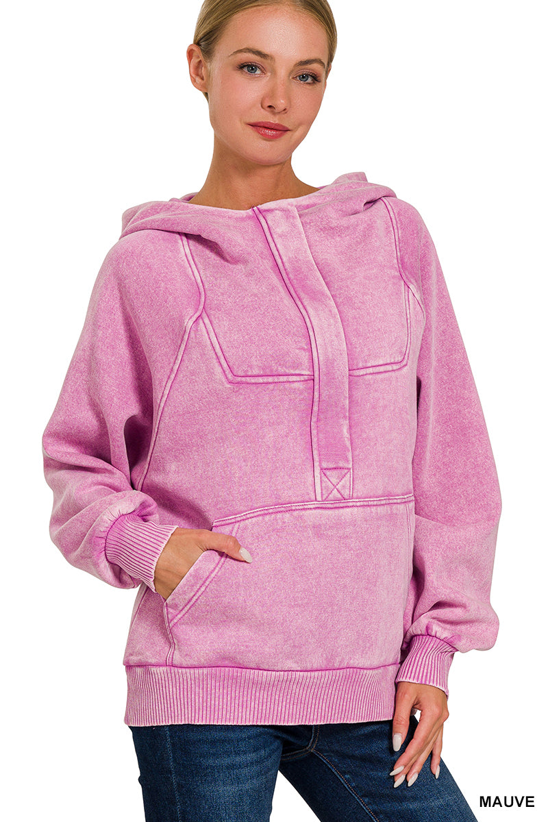 Acid Wash Fleece 1/4 Zip Hoodie Kangaroo Pocket