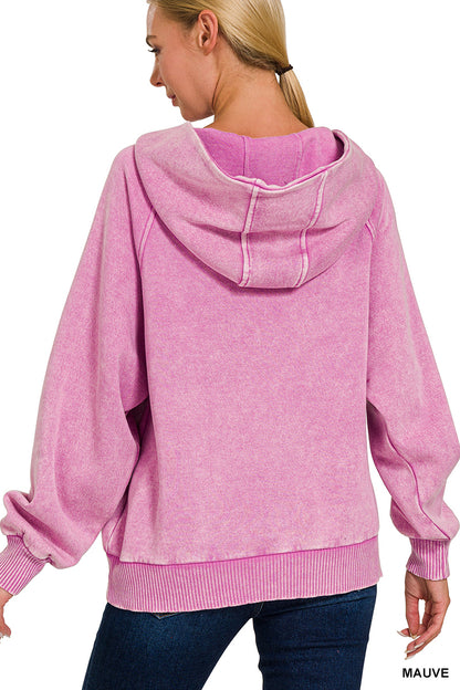 Acid Wash Fleece 1/4 Zip Hoodie Kangaroo Pocket