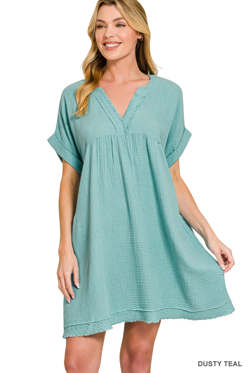 Double Gauze Raw Edge V-neck Dress