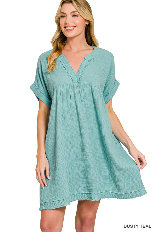 Double Gauze Raw Edge V-neck Dress