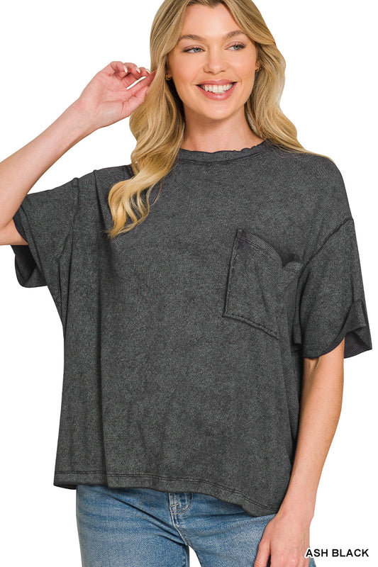 Washed Ribbed Cuffed Short Sleeve Round Neck Top