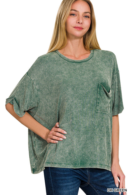 Washed Ribbed Cuffed Short Sleeve Round Neck Top