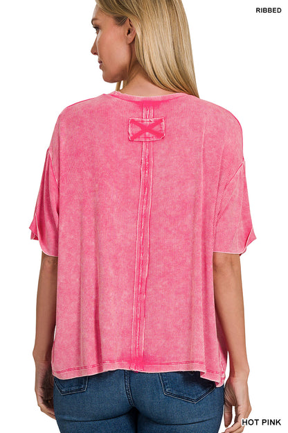 Washed Ribbed Cuffed Short Sleeve Round Neck Top