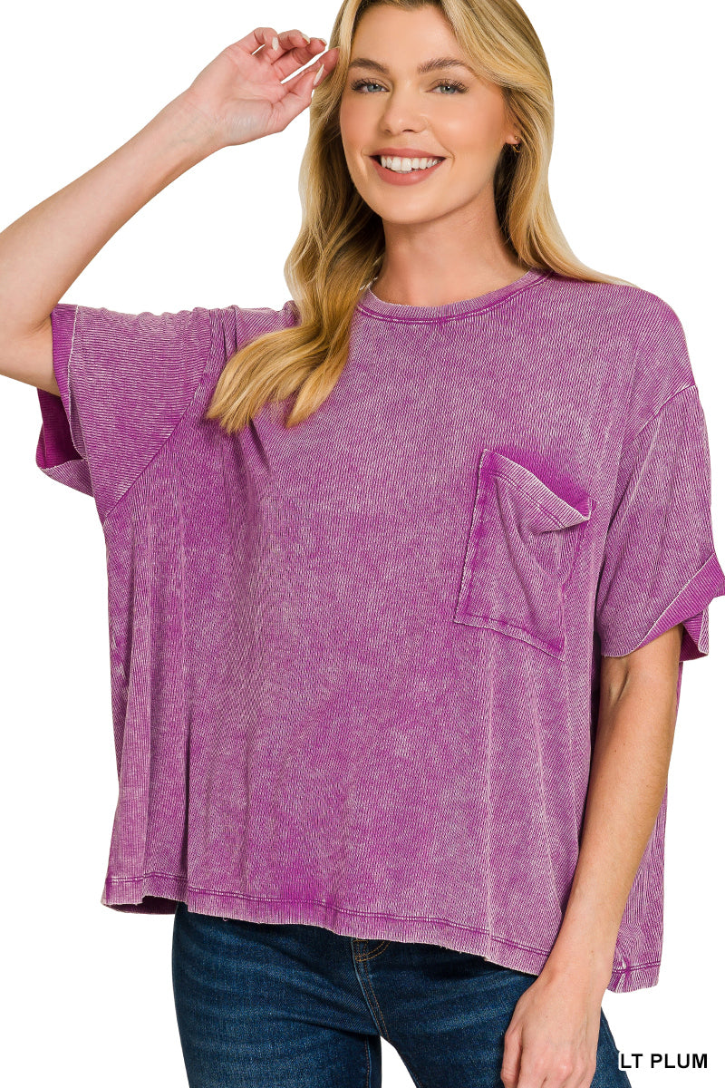 Washed Ribbed Cuffed Short Sleeve Round Neck Top
