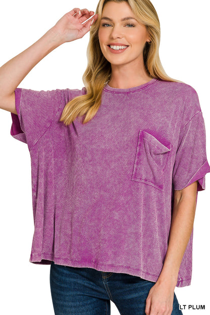 Washed Ribbed Cuffed Short Sleeve Round Neck Top