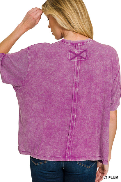 Washed Ribbed Cuffed Short Sleeve Round Neck Top