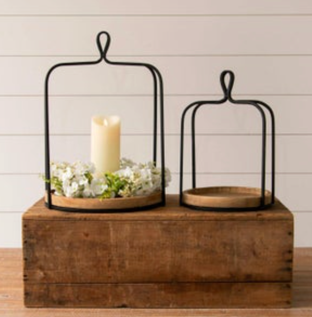 Black Open Lanterns - Metal With Wooden Base (2 Sizes)