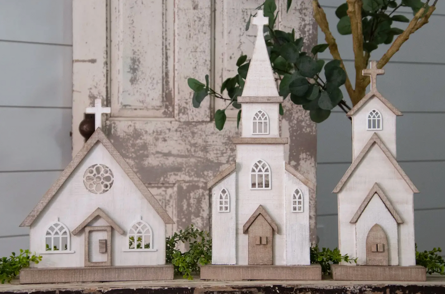 Wooden Whitewashed Church - Tabletop Decor