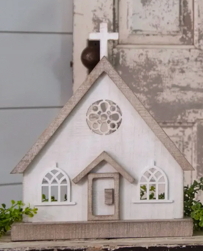 Wooden Whitewashed Church - Tabletop Decor