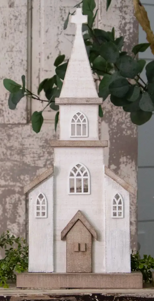 Wooden Whitewashed Church - Tabletop Decor