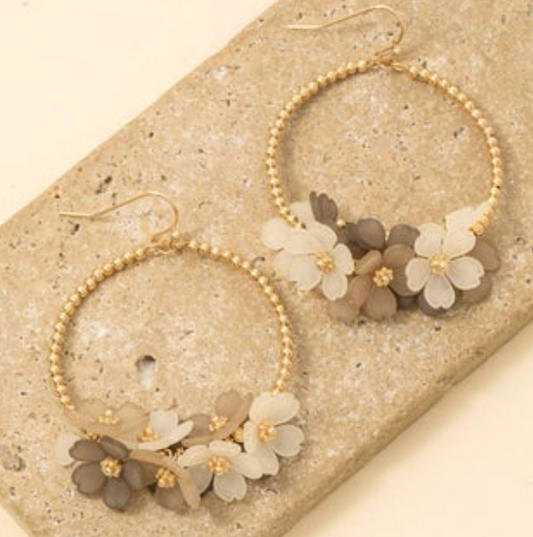Floral Accent Hoop Hoop Earrings - 2 Colors