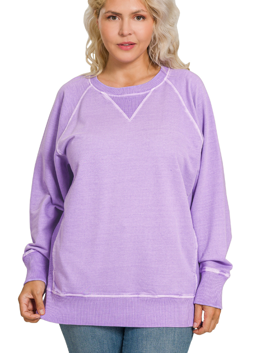 Pigment Dye Fleece Hi-Low Hem Pullover Sweatshirt With Pockets