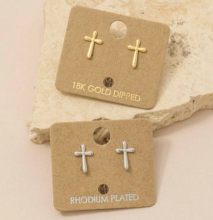 Dainty Gold Dipped Cross Mini Stud Earrings - 2 Options