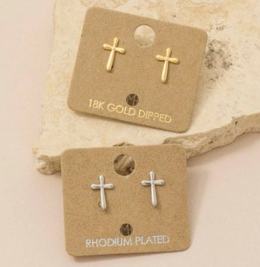 Dainty Gold Dipped Cross Mini Stud Earrings - 2 Options