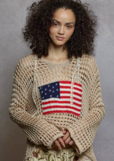 Long Sleeve American Flag Crochet Hooded Sweater