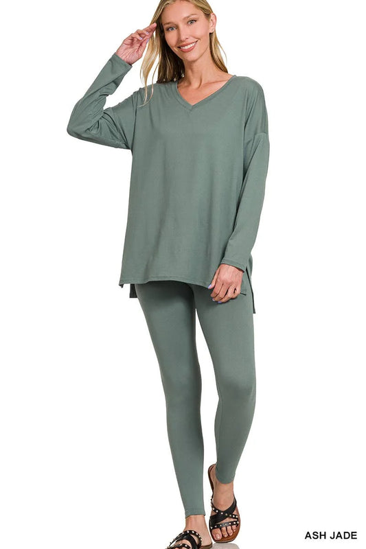 Brushed Microfiber Matching Lounge Set - Long Sleeve V-Neck - Color Options