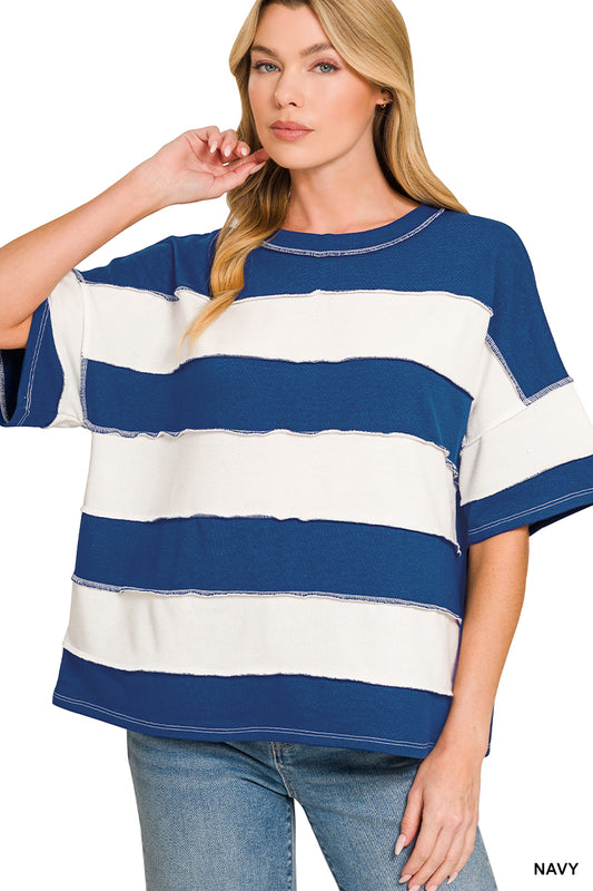 French Terry Striped Exposed Seam Top - 2 Color Options