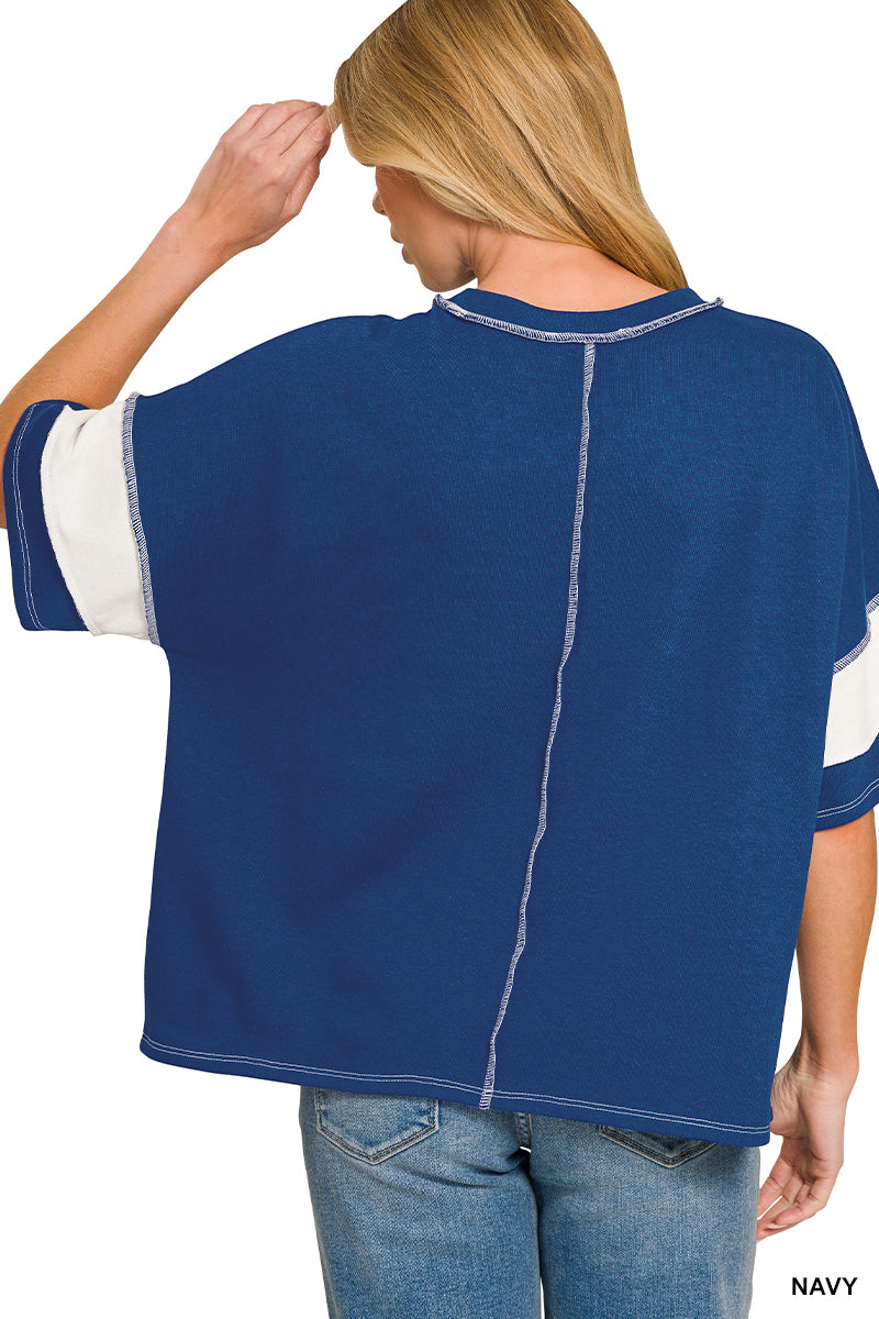 French Terry Striped Exposed Seam Top - 2 Color Options