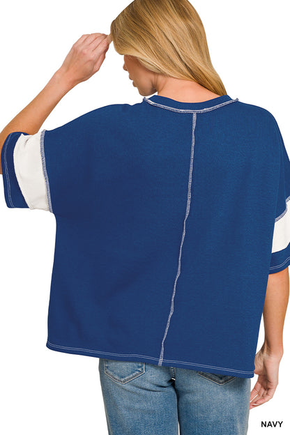 French Terry Striped Exposed Seam Top - 2 Color Options