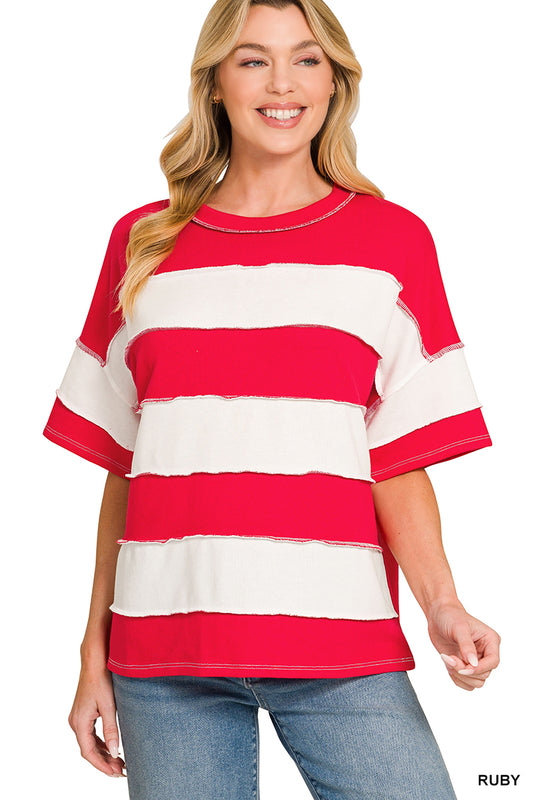 French Terry Striped Exposed Seam Top - 2 Color Options