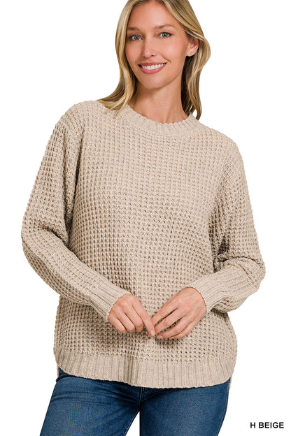 Waffle Long Sleeve Sweater with Hi-low Hem