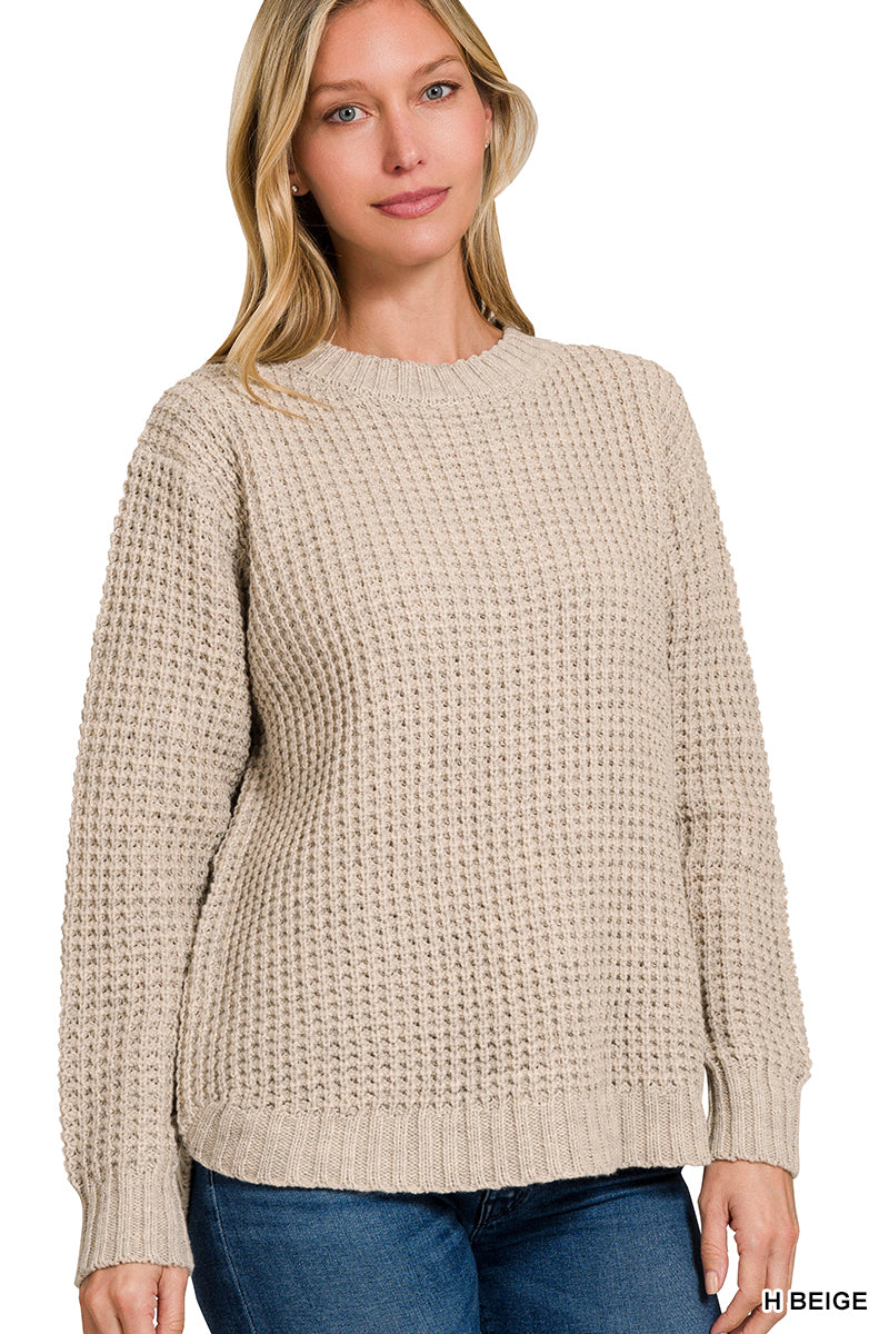 Waffle Long Sleeve Sweater with Hi-low Hem