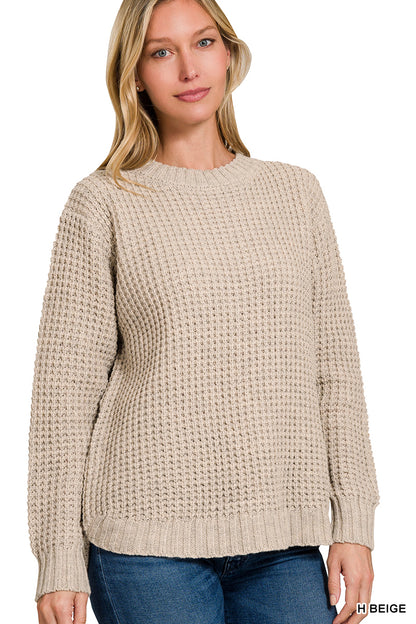 Waffle Long Sleeve Sweater with Hi-low Hem