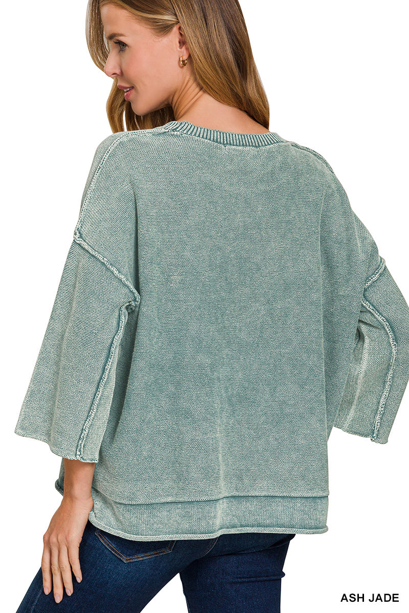 Washed 3/4 Sleeve Boxy Sweater - Color Options
